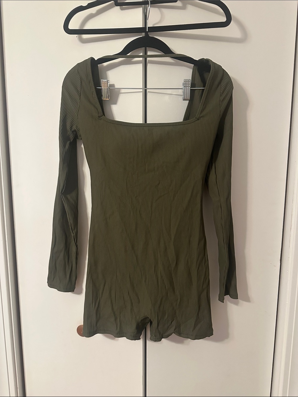 Square-Neck Ribbed Olive Green Long-Sleeve Bodysuit